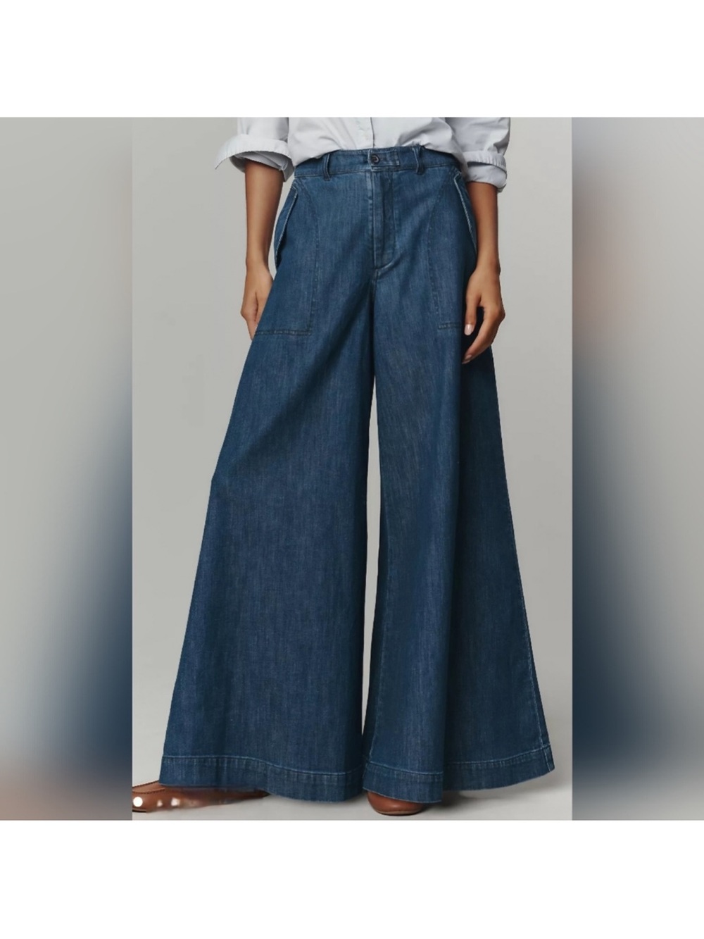 Pilcro Wide-Leg High-Rise Jeans in Dark Blue Denim